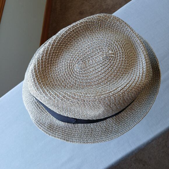 Straw Fedora Hat 22" Panama Pork Pie grosgrain band braided woven - Picture 3 of 11